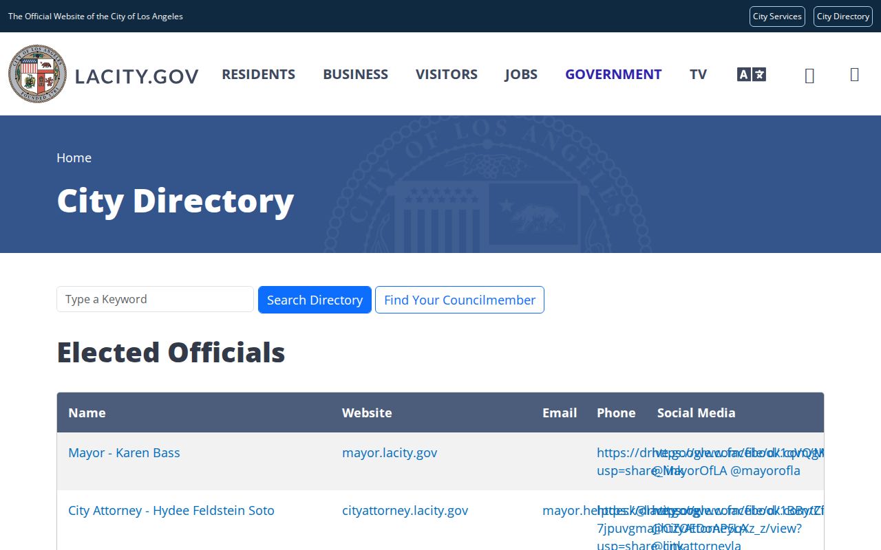 Los Angeles people search through the official city directory