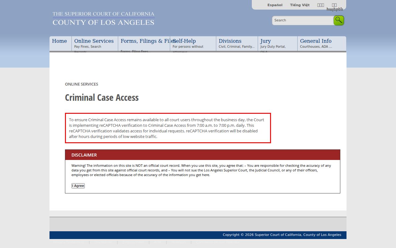 Los Angeles public records criminal court case access