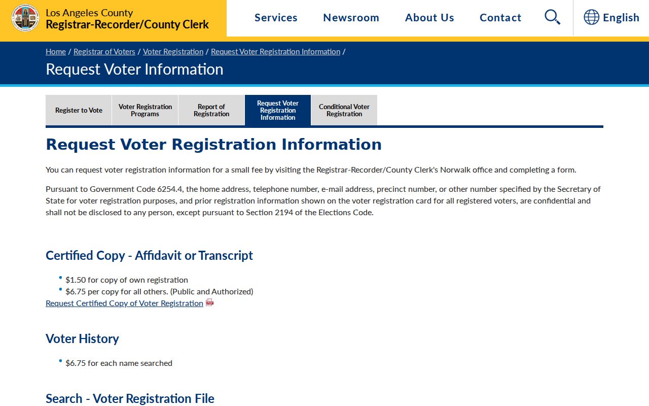 Los Angeles voter registration information request procedure